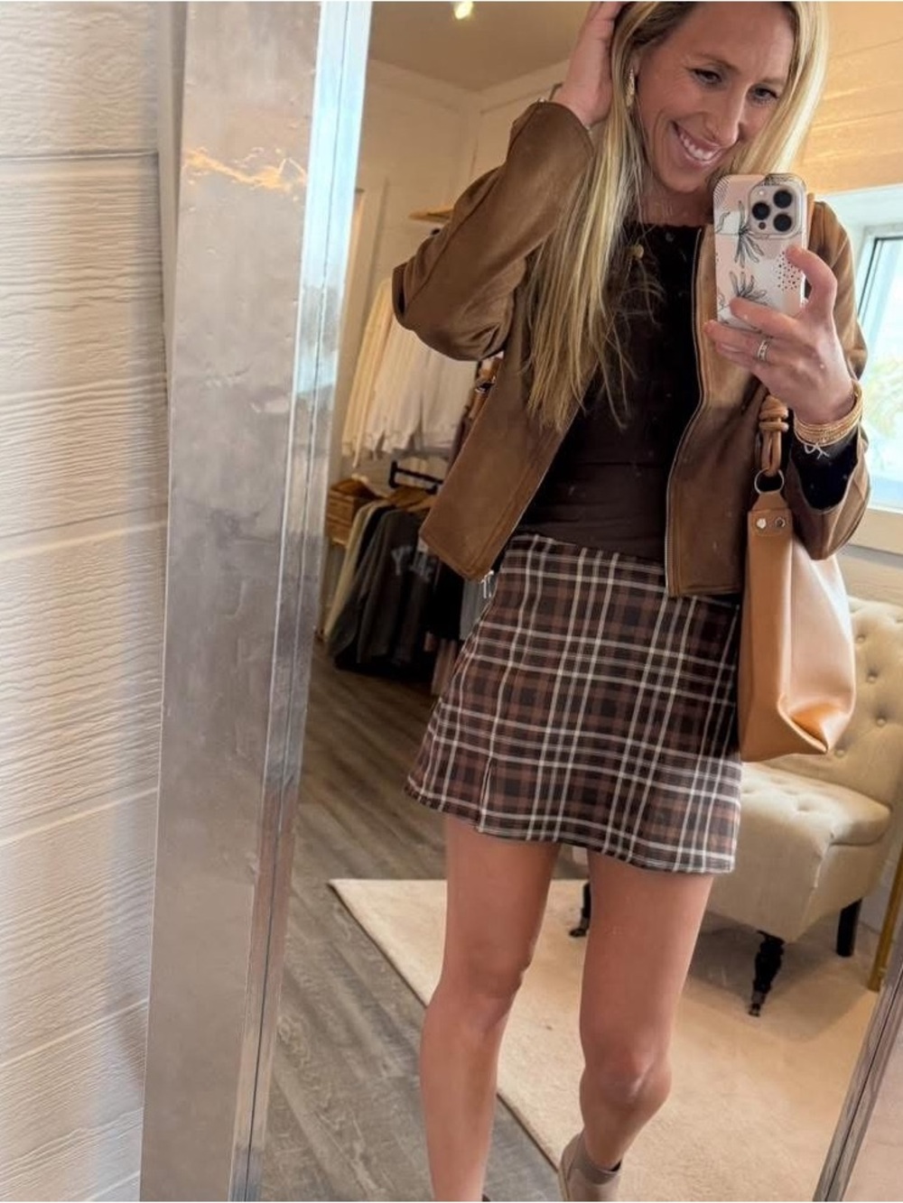 Brown Plaid A-Line Mini Skort - Size Large